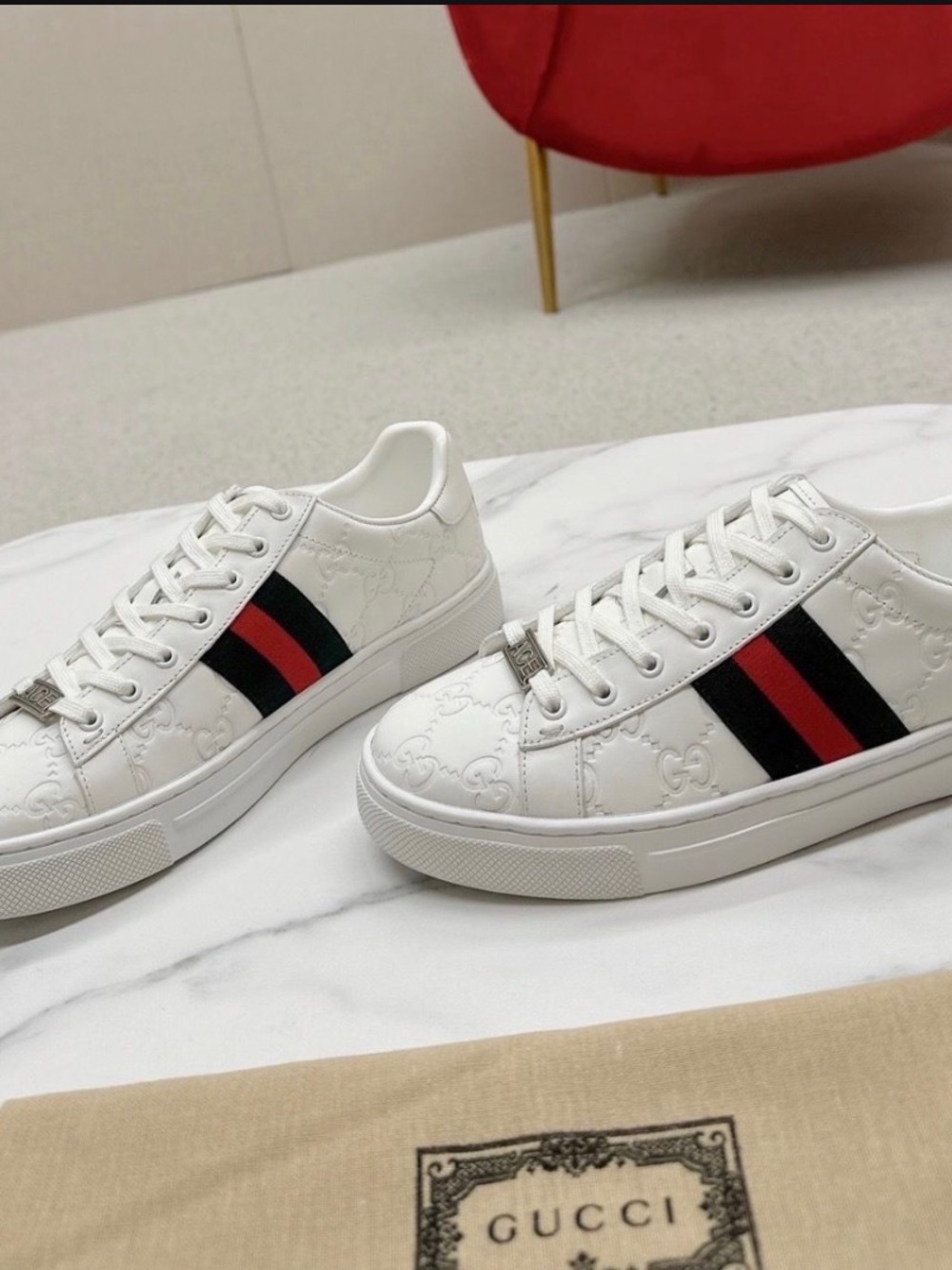 Gucci White Leather Sneakers with Red & Black Web Stripe